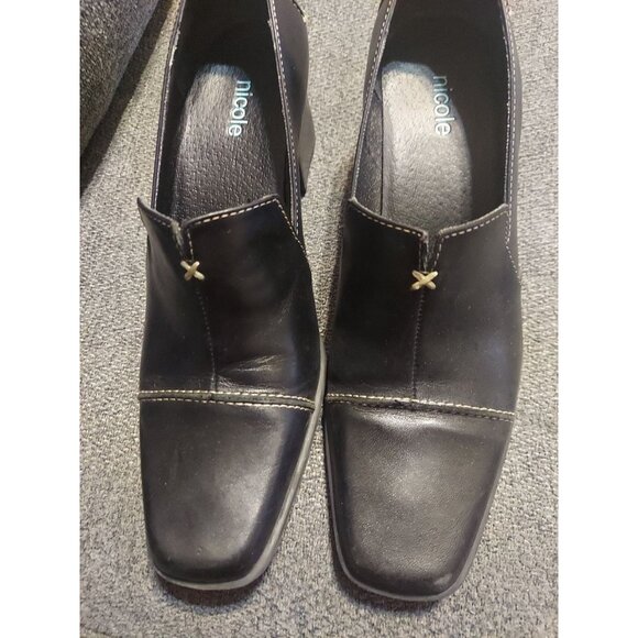 NICOLE Black Leather Block Heels SILVIUS Womens 7M Dress Shoes Brazil Slip On - Picture 5 of 8